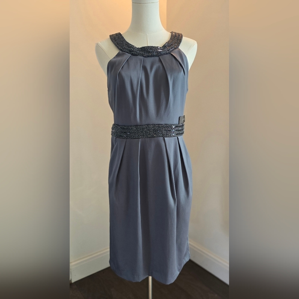 NWT Bisou Bisou Jeweled Neckline Halter Dress Gray Satin Sz. 8